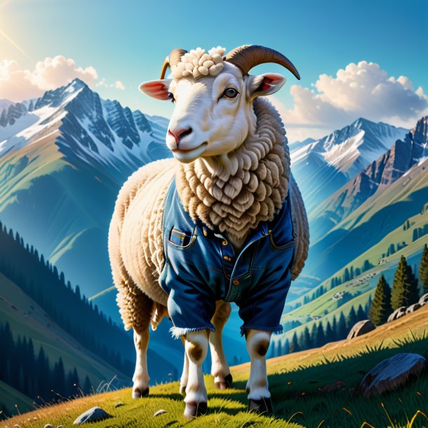 Drawing of a sheep in a jeans in the mountains