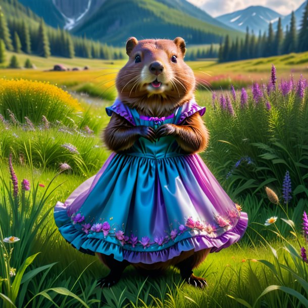 Image of a beaver in a dress in the meadow