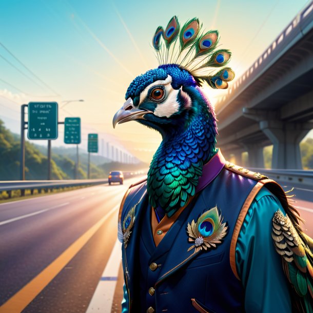 Illustration of a peacock in a vest on the highway