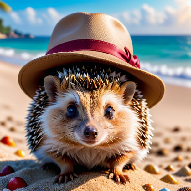 Imagen de un erizo en un sombrero en la playa