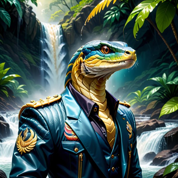 Illustration of a king cobra in a jacket in the waterfall