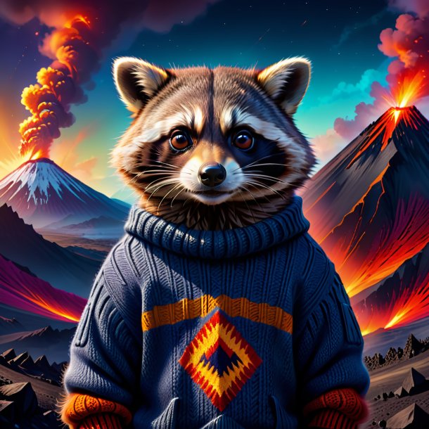 Illustration of a raccoon in a sweater in the volcano