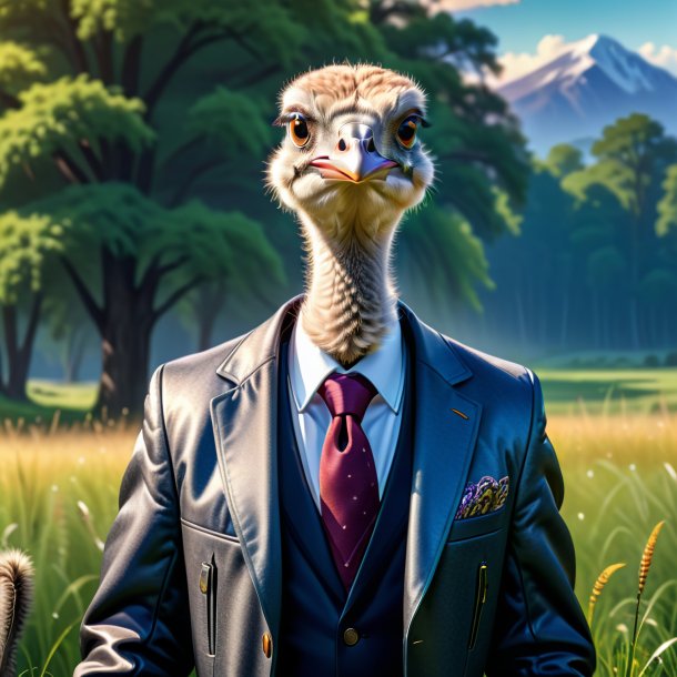 Illustration of a ostrich in a jacket in the meadow