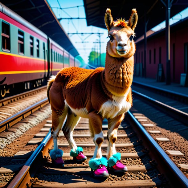 Image of a llama in a shoes on the railway tracks