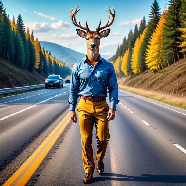 Photo of a deer in a trousers on the highway