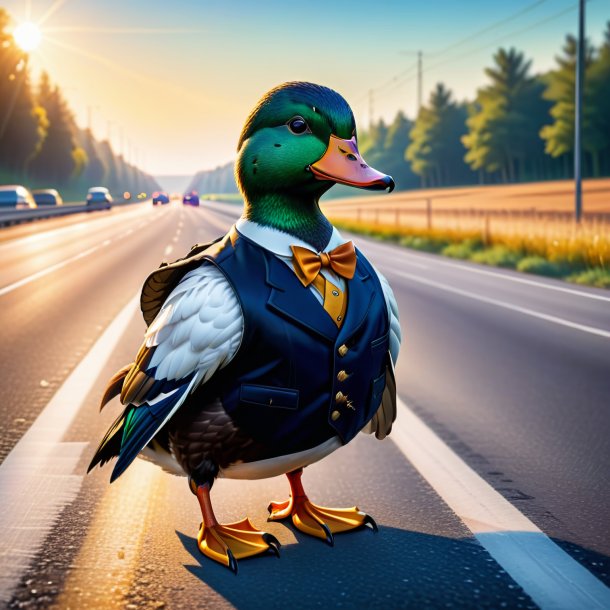 Illustration of a duck in a vest on the highway