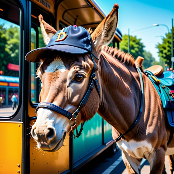 Foto de um burro em um boné no ponto de ônibus