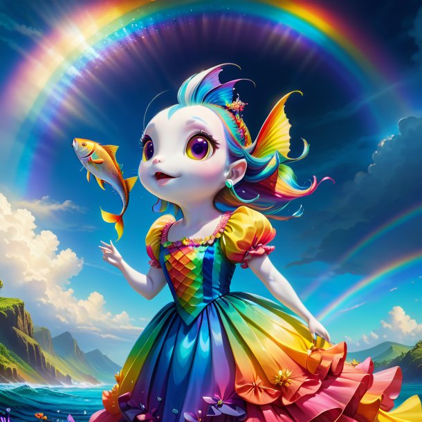 Illustration of a fish in a dress on the rainbow