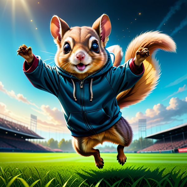 Drawing of a flying squirrel in a hoodie on the field