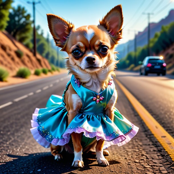 Image d'un chihuahua dans une robe sur la route