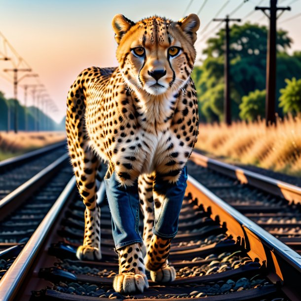 Pic of a cheetah in a jeans on the railway tracks