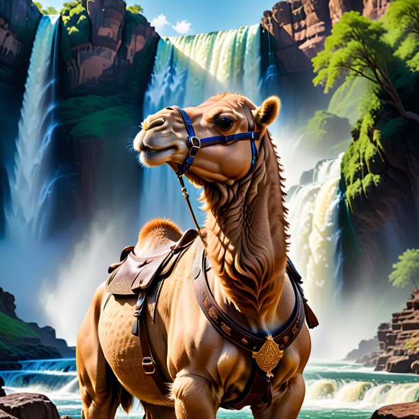 Image of a camel in a belt in the waterfall