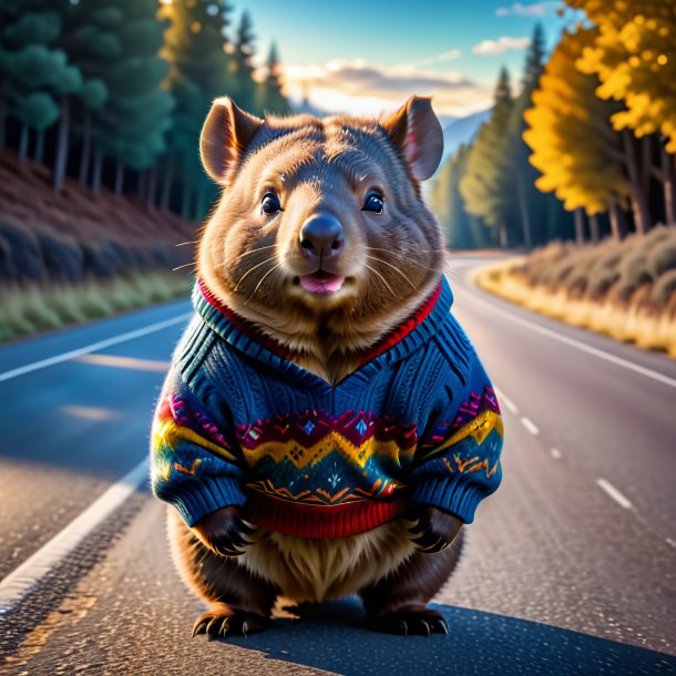 Imagen de un wombat en un suéter en el camino