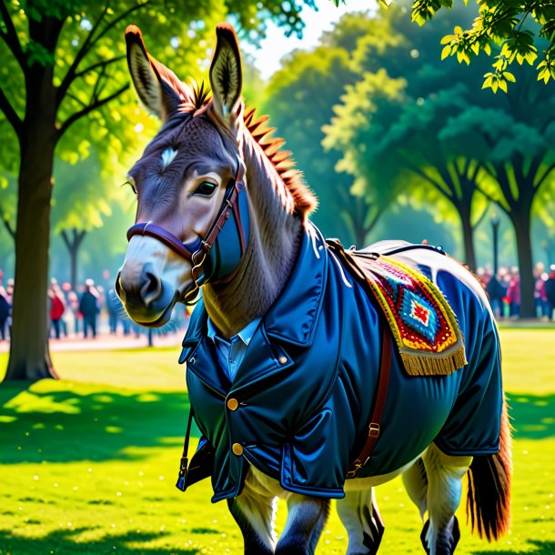 Foto de un burro en una chaqueta en el parque