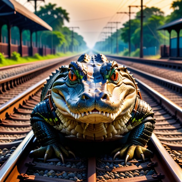 Foto de un caimán en un cinturón en las vías del ferrocarril