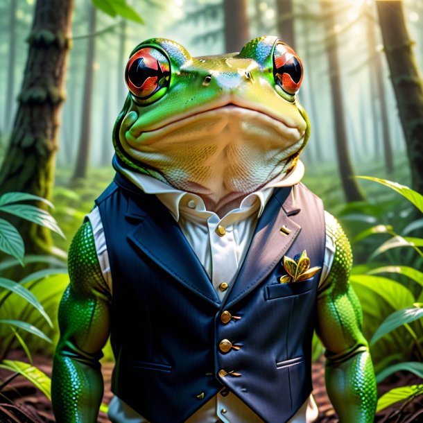 Pic of a frog in a vest in the forest