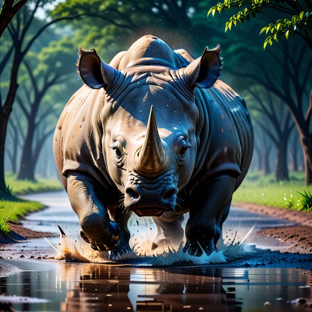 Photo of a angry of a rhinoceros in the puddle