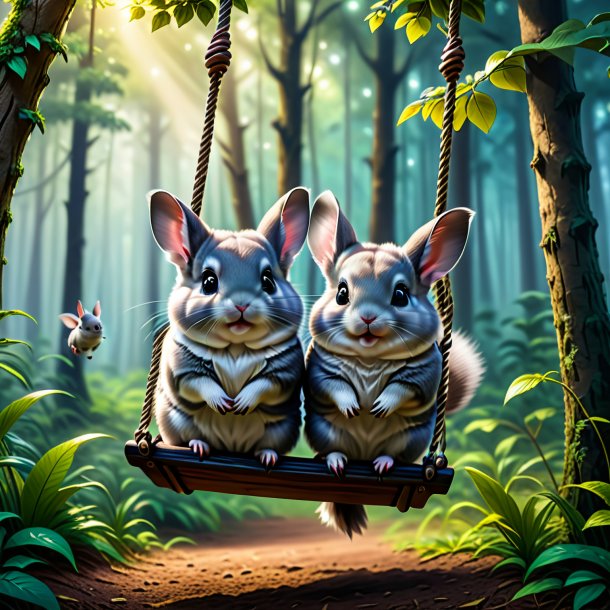 Picture of a swinging on a swing of a chinchillas in the forest