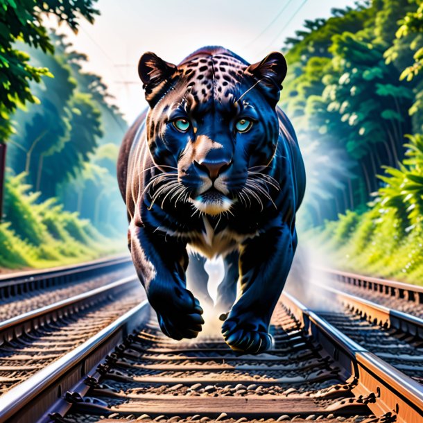 Photo of a swimming of a panther on the railway tracks