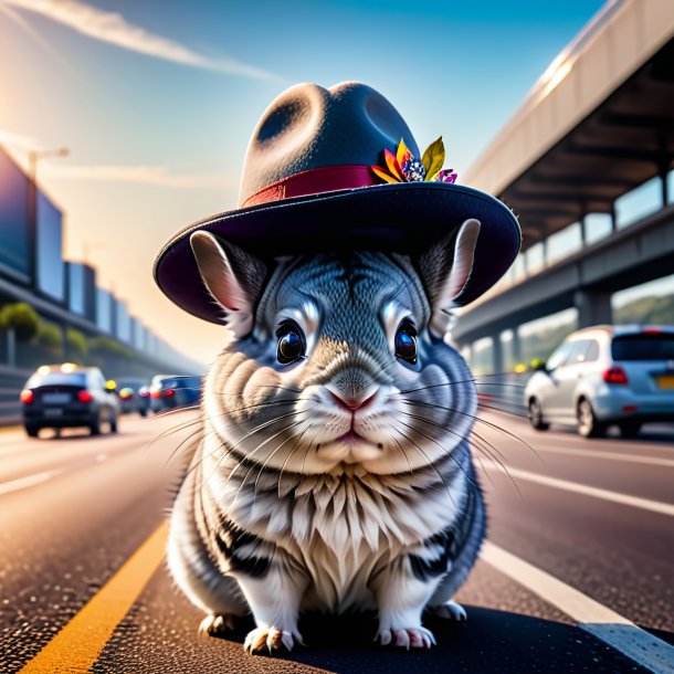 Pic d'un chinchillas dans un chapeau sur l'autoroute