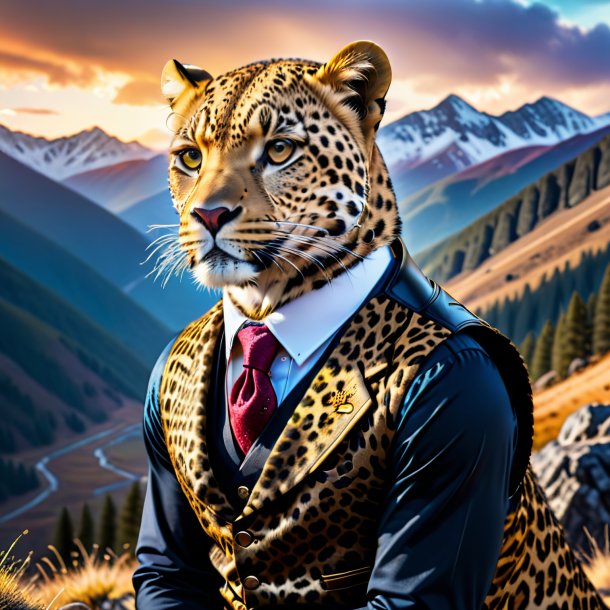 Foto de um leopardo em um colete nas montanhas