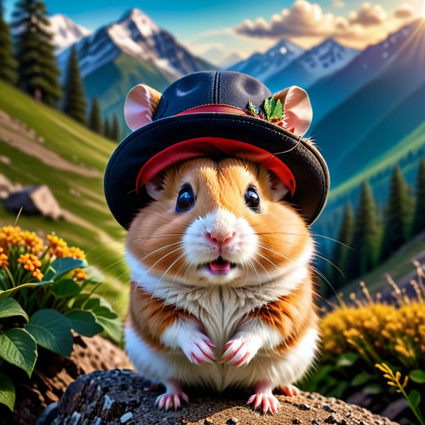 Image of a hamster in a hat in the mountains