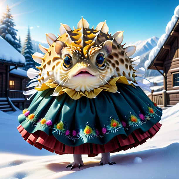 Drawing of a pufferfish in a skirt in the snow