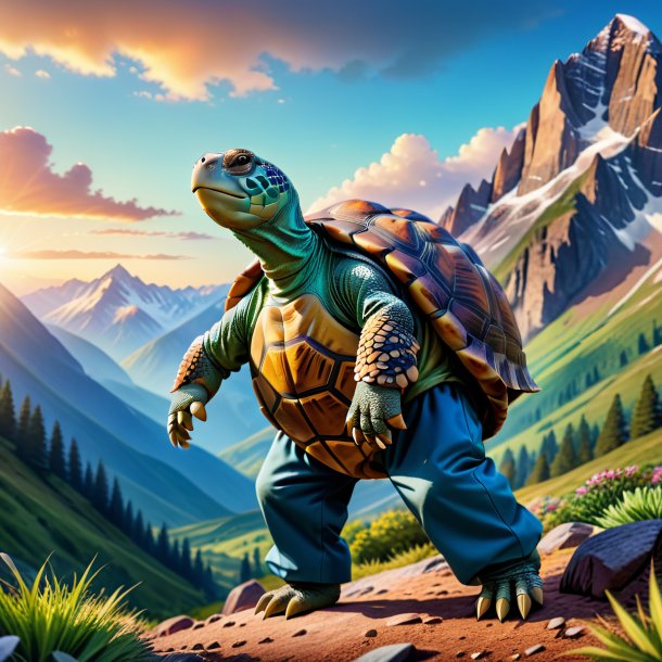 Photo of a tortoise in a trousers in the mountains