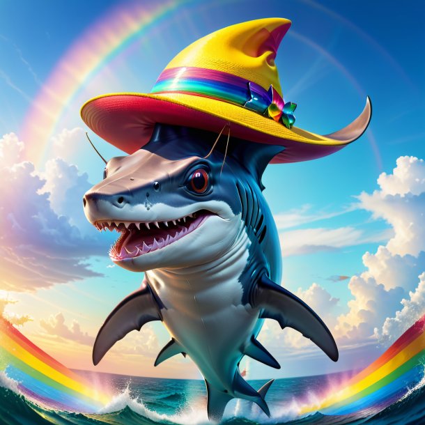 Imagen de un tiburón martillo en un sombrero en el arco iris