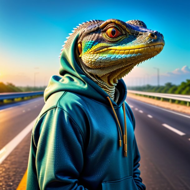 Imagem de um monitor lagarto em um hoodie na estrada