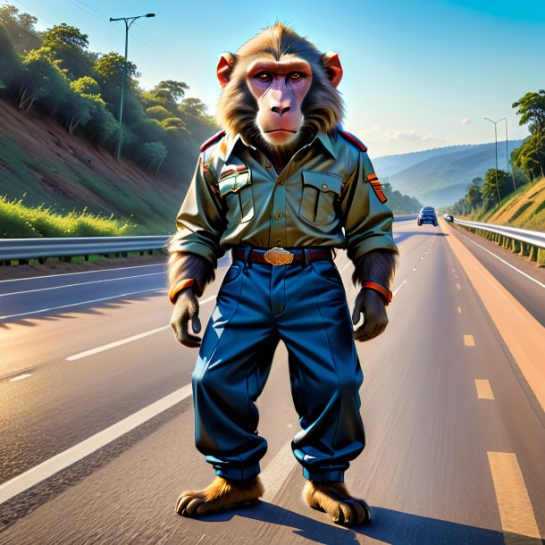 Drawing of a baboon in a trousers on the highway