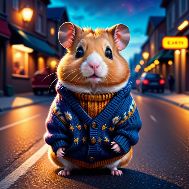 Illustration of a hamster in a sweater on the road