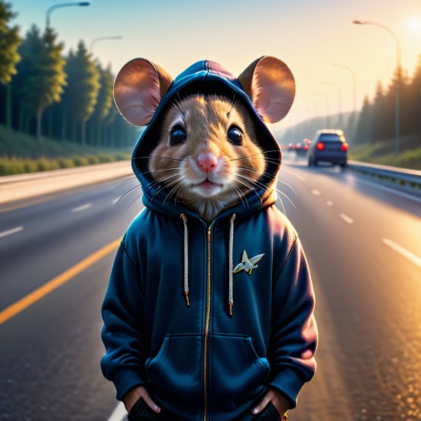 Image d'une souris dans un sweat à capuche sur l'autoroute