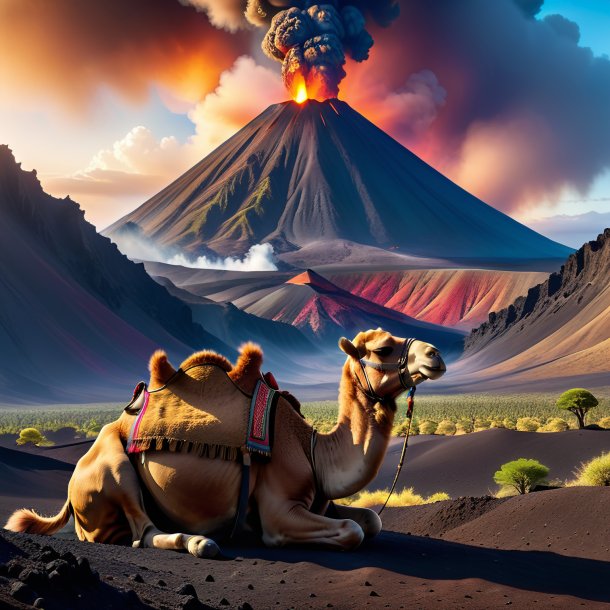 Photo of a waiting of a camel in the volcano