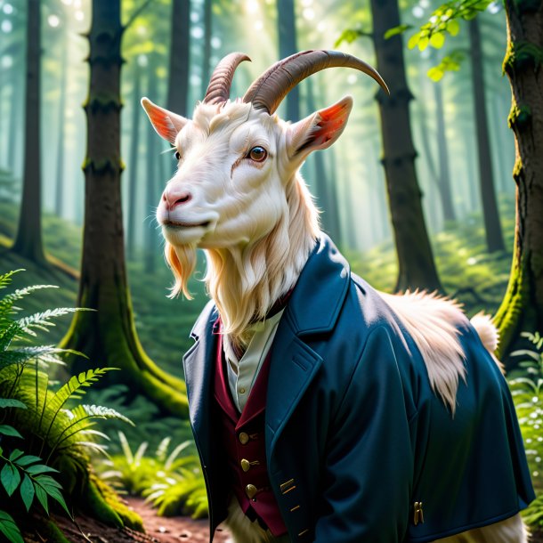 Picture of a goat in a coat in the forest