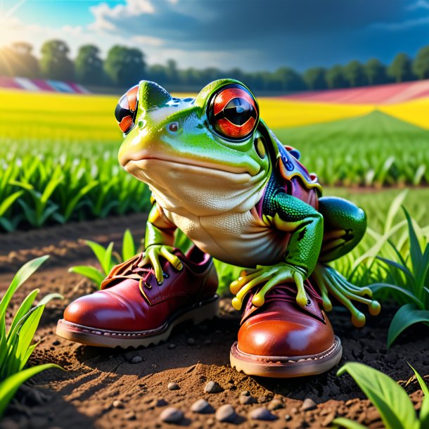 Photo of a frog in a shoes on the field