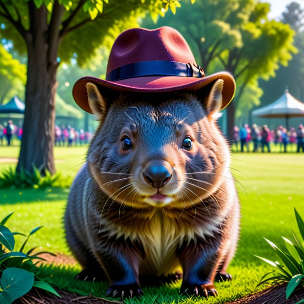 Pic of a wombat in a hat in the park