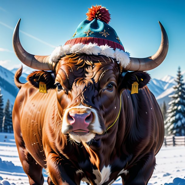 Foto de un toro en un sombrero en la nieve