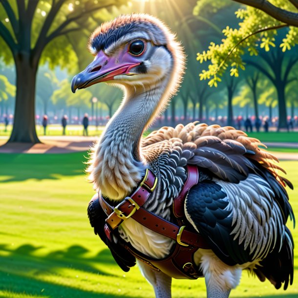 Drawing of a ostrich in a belt in the park