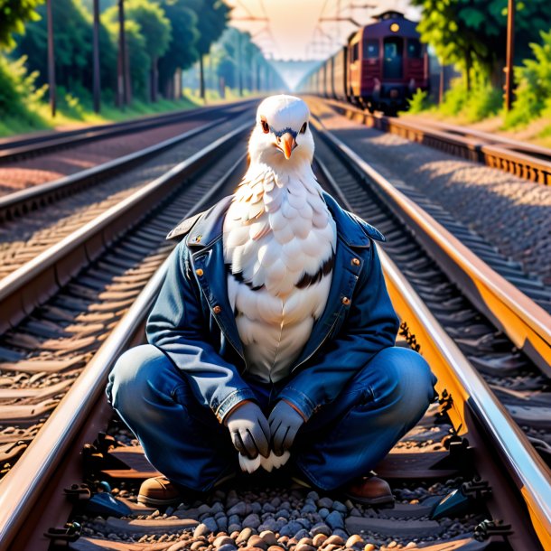 Photo of a dove in a jeans on the railway tracks