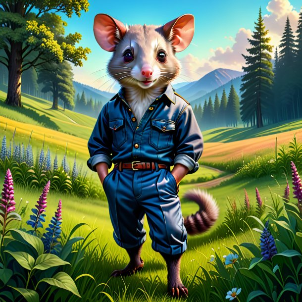 Illustration of a possum in a trousers in the meadow