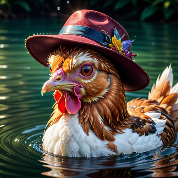 Drawing of a hen in a hat in the water