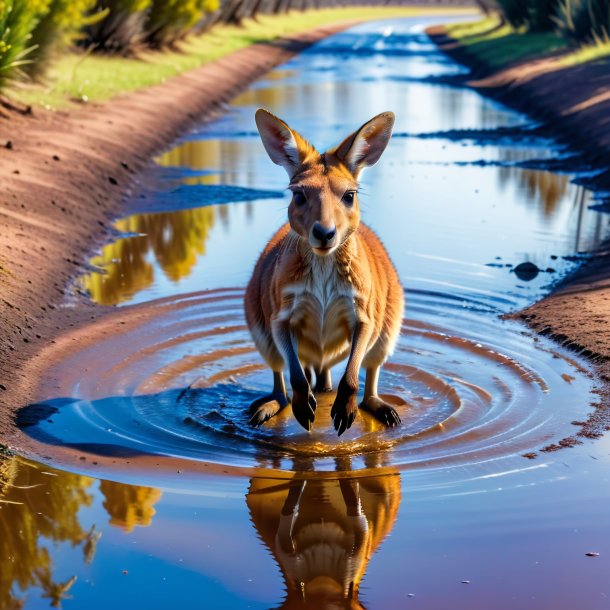 Picture of a swimming of a kangaroo in the puddle