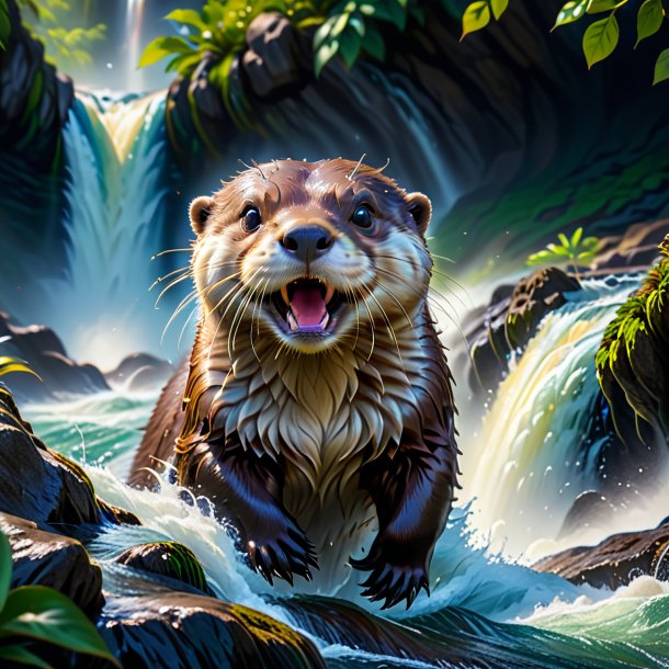 Image of a threatening of a otter in the waterfall