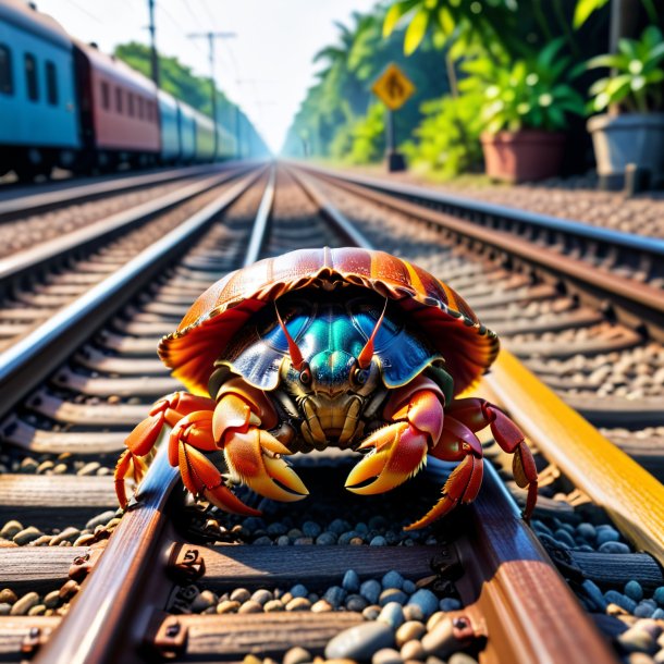 Pic of a playing of a hermit crab on the railway tracks