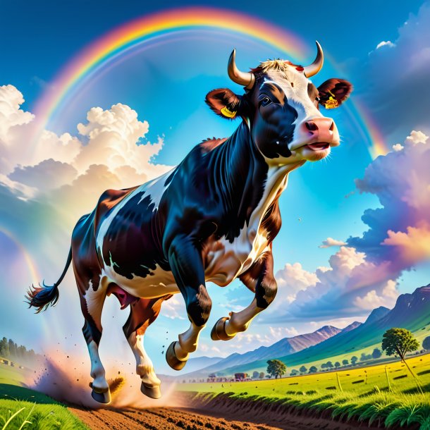 Picture of a jumping of a cow on the rainbow