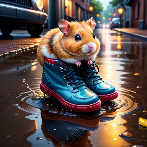 Illustration of a hamster in a shoes in the puddle