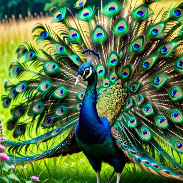 Pic of a playing of a peacock in the meadow