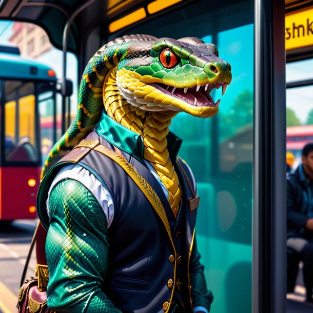 Imagem de uma cobra em um colete no ponto de ônibus