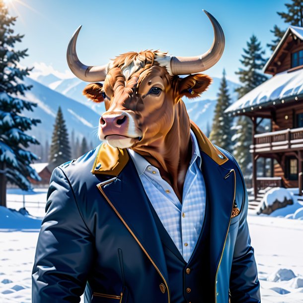 Foto de un toro en una chaqueta en la nieve